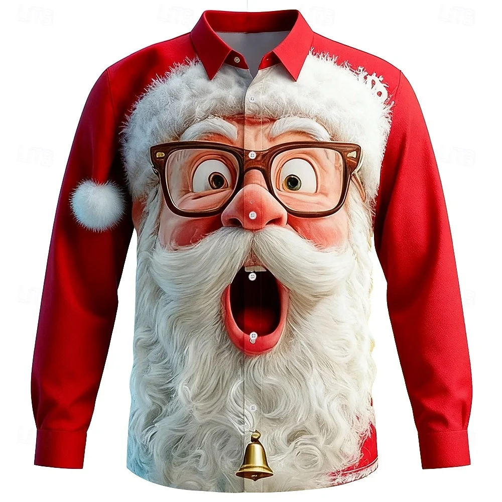 Weihnachten Herrenhemden Lustiges Weihnachtsmann Gesicht 3D-Druck Lässige Langarmhemden Mode Revers Tops Neujahrsgeschenk Hemd für Männer