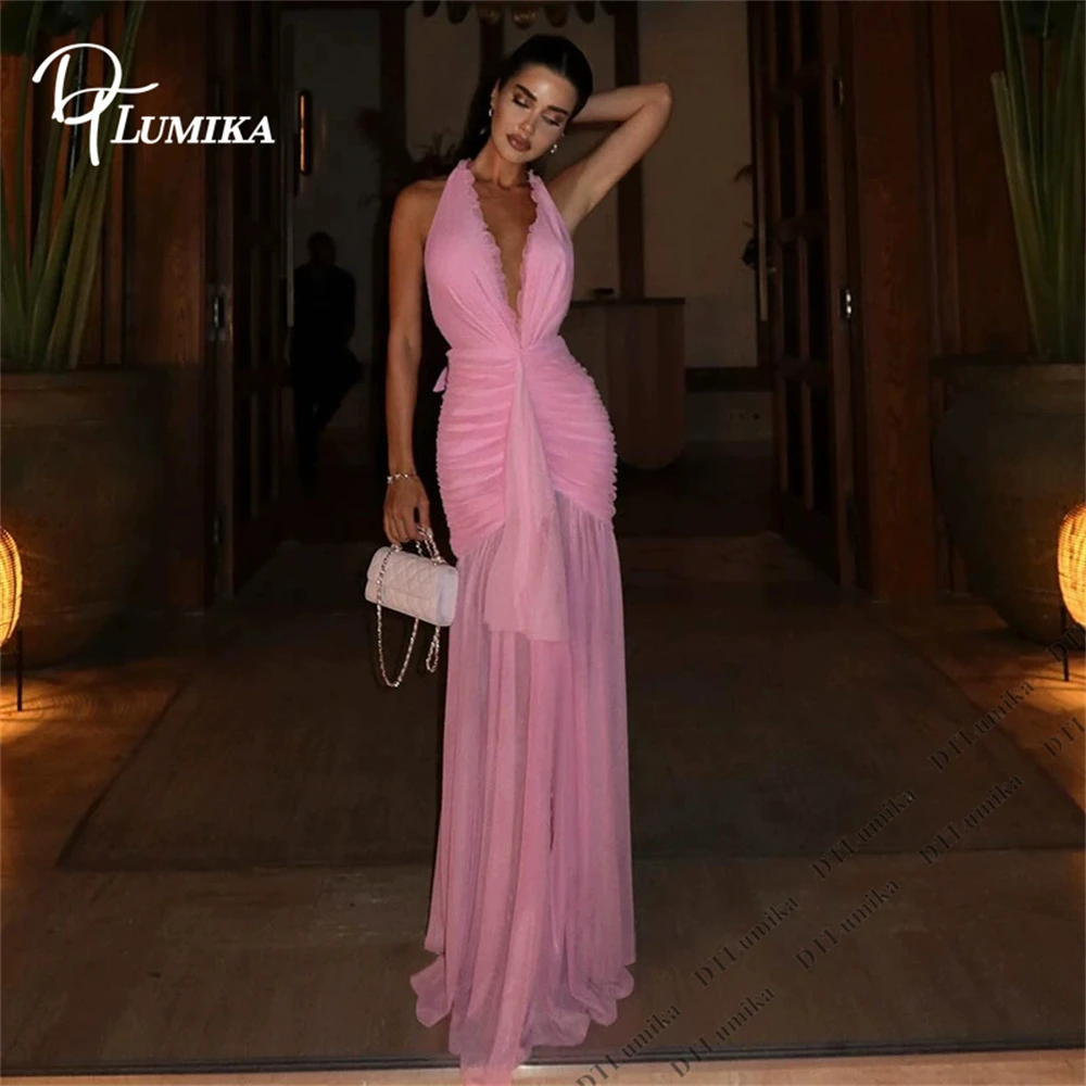 DTLumika Sexy Halter Long Party Dress for Women 2026, Deep V Neck Sheath Pleated Evening Gowns, Cocktail Wedding Party Gowns