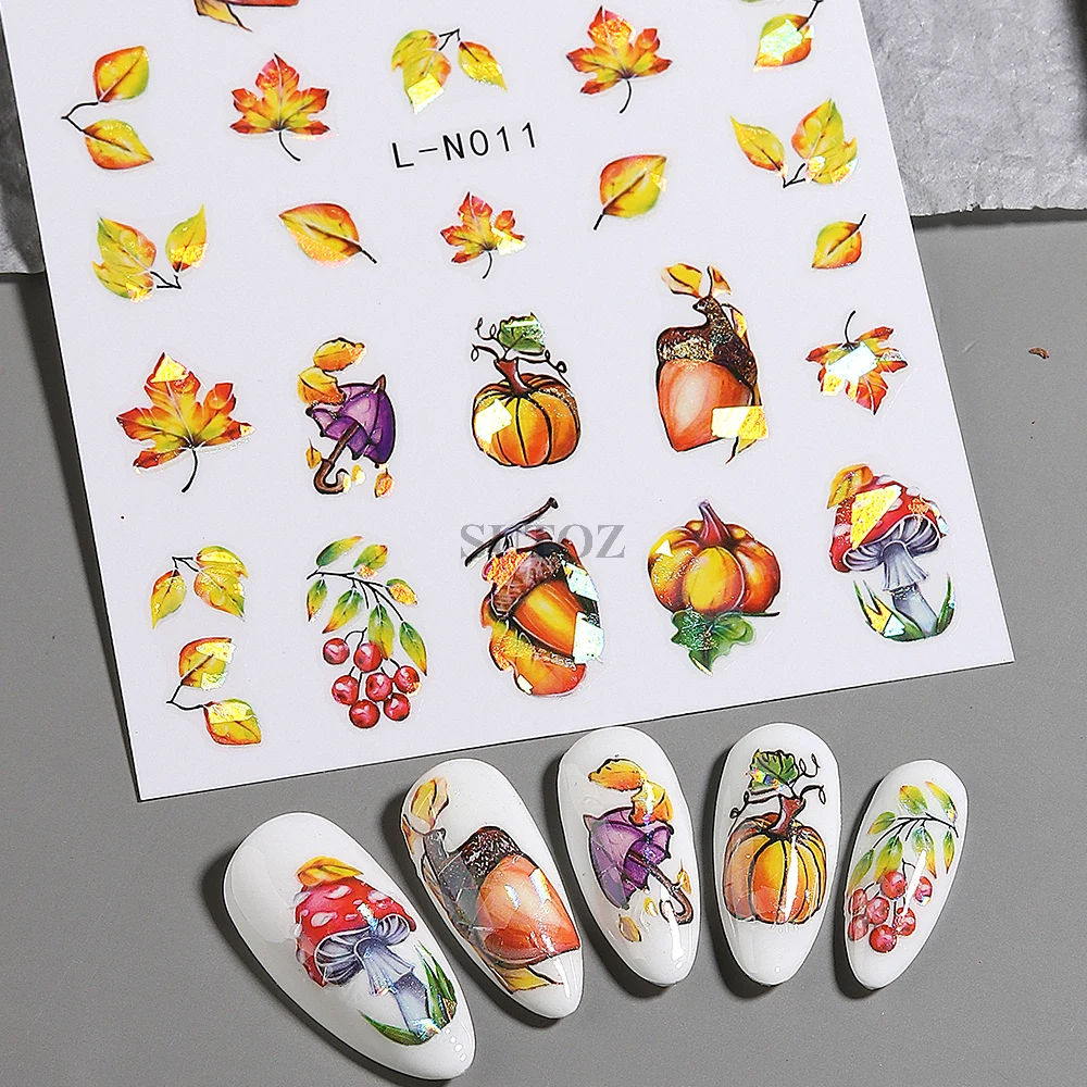 Laser Goud Esdoornblad Nagelstickers Bospaddestoel Herfst Nagel Stickers Holografische Folies Bloemen Schuifregelaars Voor Manicure GLL-N011