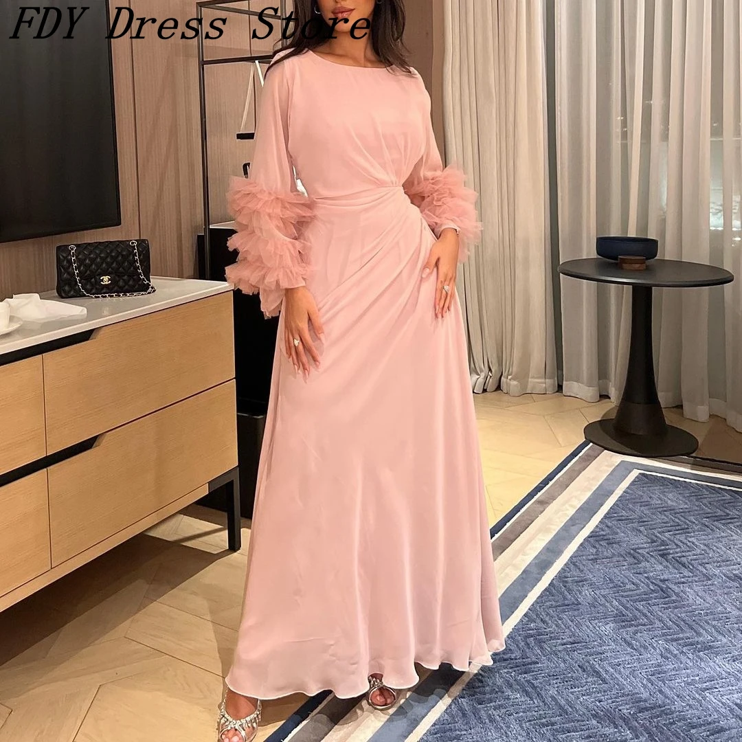 

Pink Chiffon Long Sleeves Prom Dresses Sexy O-Neck Ruffles Floor Length Zipper Back Formal Occasion Dress Evening Dress