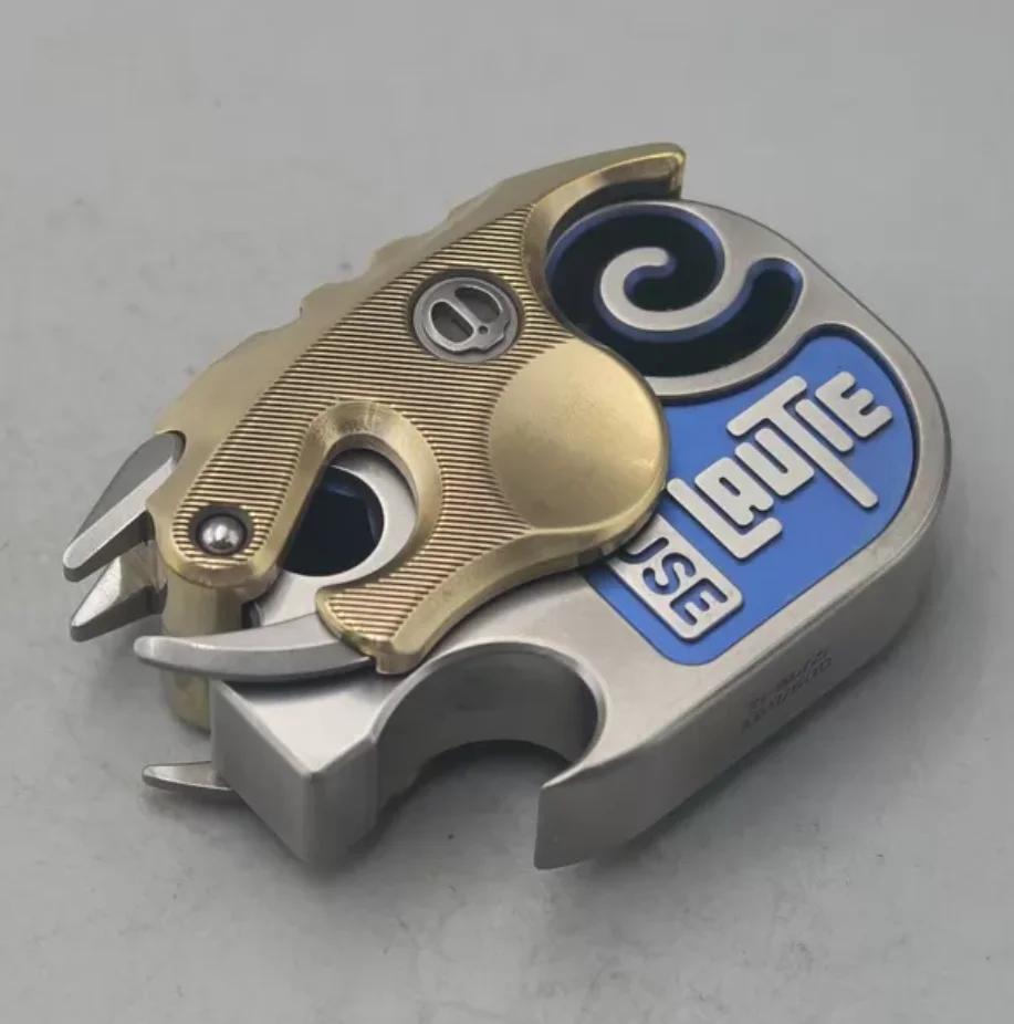 Used EDC Lautie hates pig bottle opener Titanium baked blue+brass version Decompression Toy