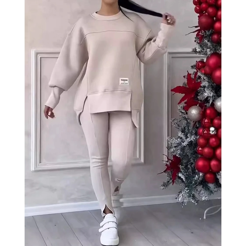 Sporty O-neck Long Sleeve Asymmetrical Sweatshirt & Skinny Pants Set Two Piece Outfits Tracksuit Sets Fall Clothing