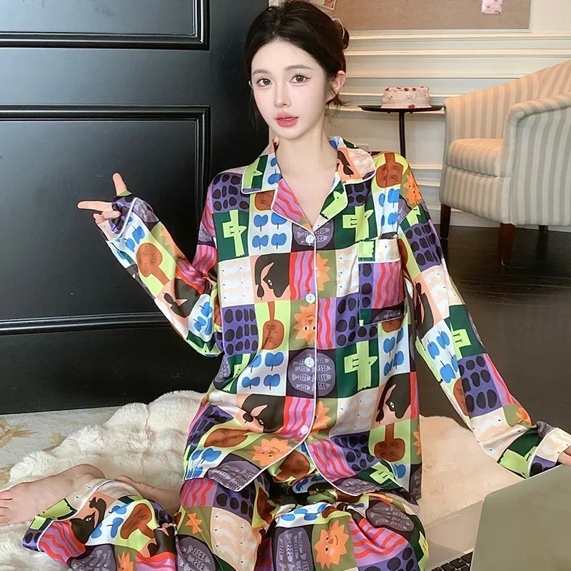 Korean Funny Cartoon Print Women Set Pajamas Satin Silk Autumn Winter Long Sleeves Long Pants Cute Pyjamas Soft Pijamas Cozy Pjs