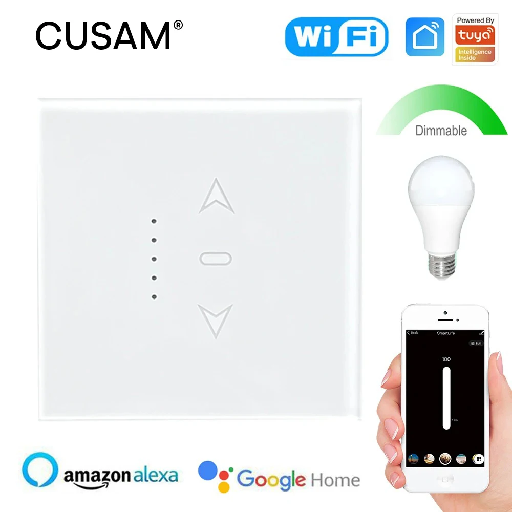 CUSAM Tuya Wifi Smart Dimmer Light Switch LED Brightness Adjustment Control Wall Touch Panel Works with Alexa Google Home Siri