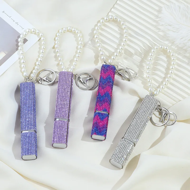 Rhinestone Perfume Atomizer Portable Refillable Spray Bottle 10ml Lipstick Shape Empty Perfume Bottle With Pearl Keychain