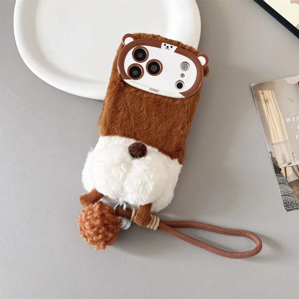 Novel Cute 3D Cartoon Corgi Dog Fuzzy Plush Phone Case for iPhone 18 Pro Max 17 16 15 14 Braided Wrist Lanyard Protective Cover