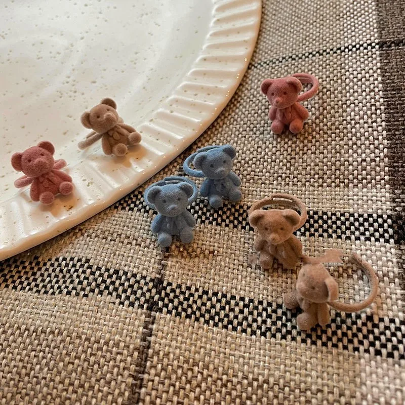 Flocking Bear Finger Ring Adjustable Sweet Cute Rabbit Rings Cartoon Index Ring Handmade Plush Bear Bowknot Jewelry Gift