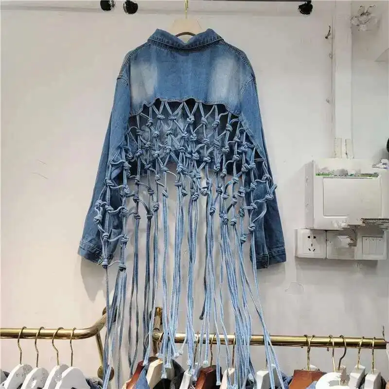 

Woven Hollow Out Back Tassel Denim Jacket Women Streetwear Fashion Long Sleeve Vintage Blue Coat Spring Autumn Tide