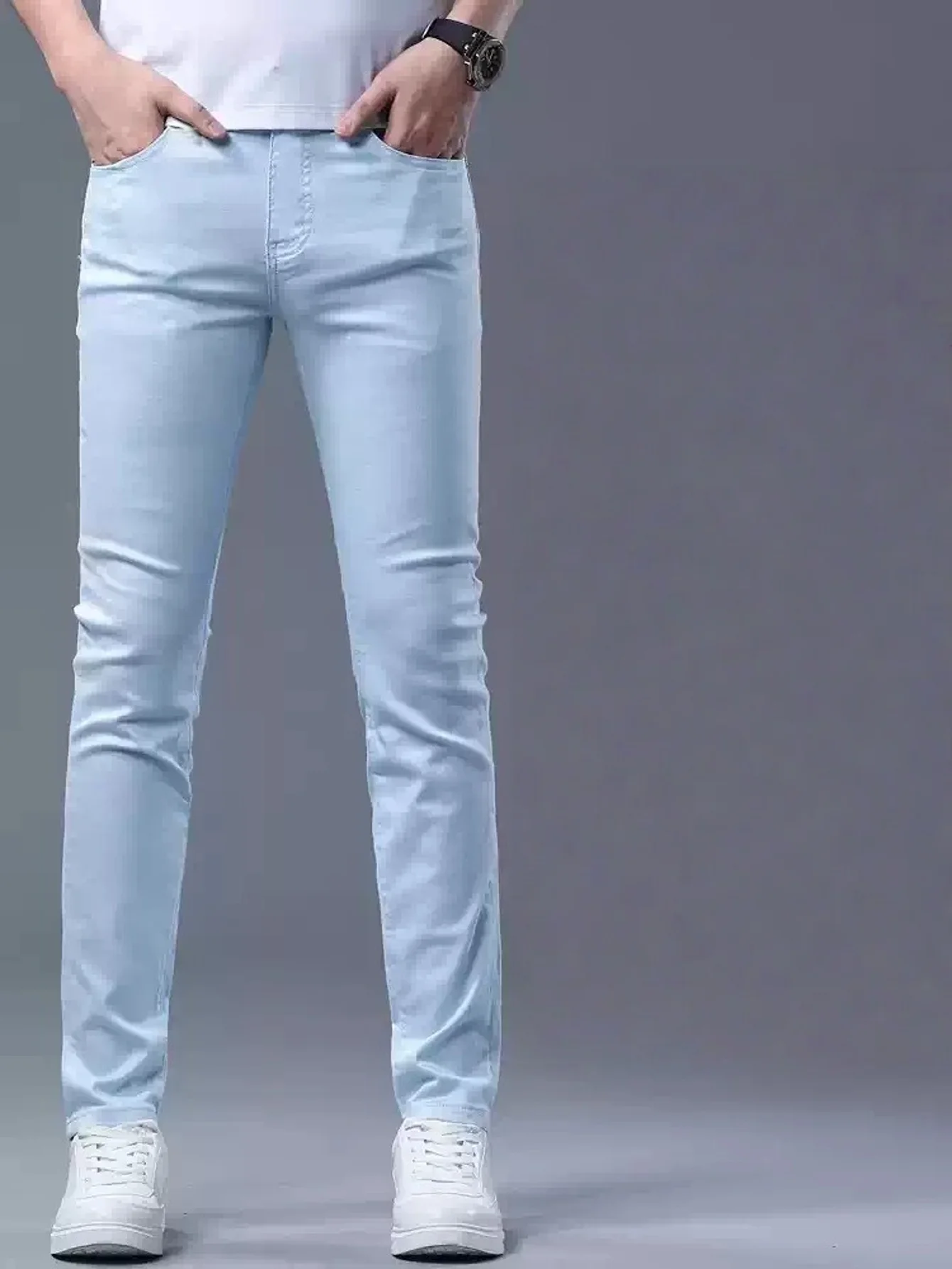 

Минималистичные синие джинсы для мужчин, узкий крой, уличный стиль, легкий ретро-дизайн, без аксессуаров и ремней.