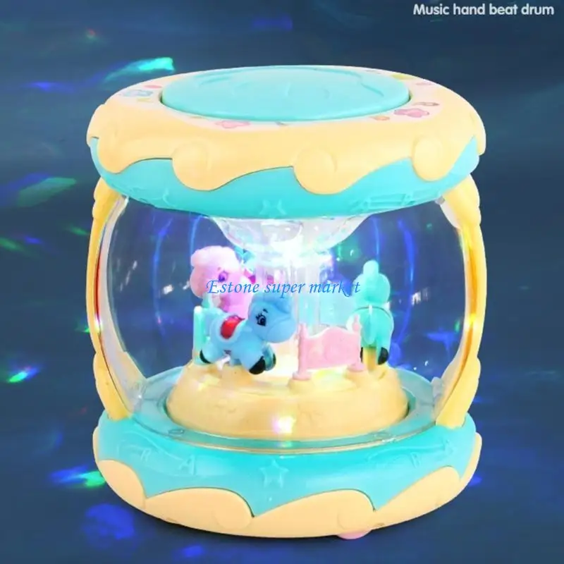 090B Brinquedo tambor mão formato giratório desenho animado com luzes coloridas Brinquedo apresentações música