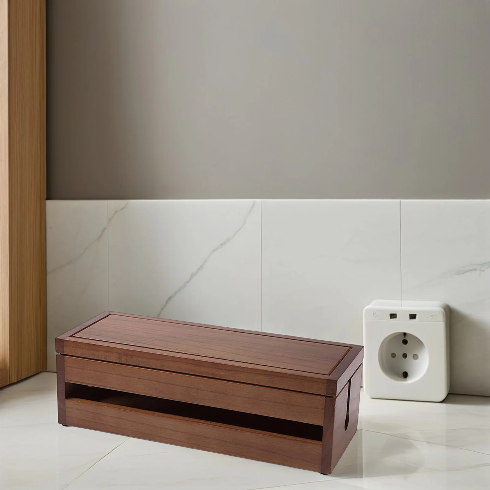 

1Pcs Wood Cable Organizer Box Multi-Sided Hollowed Heat Dissipation Design Storage Container for Chargers Power Plugs and Small