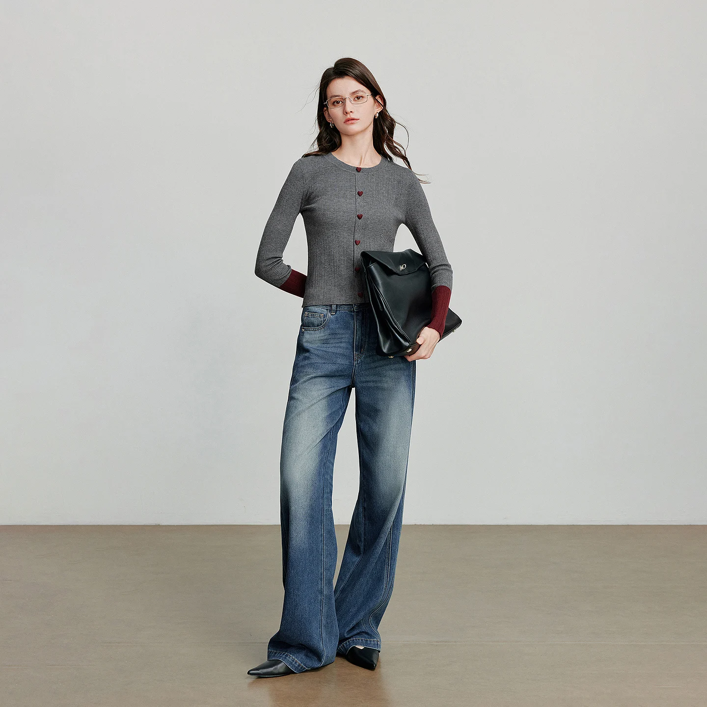 TOYOUTH Suéter feminino de malha 2025 outono nova lã contrastante manga comprida slim fit pulôver tops cinza