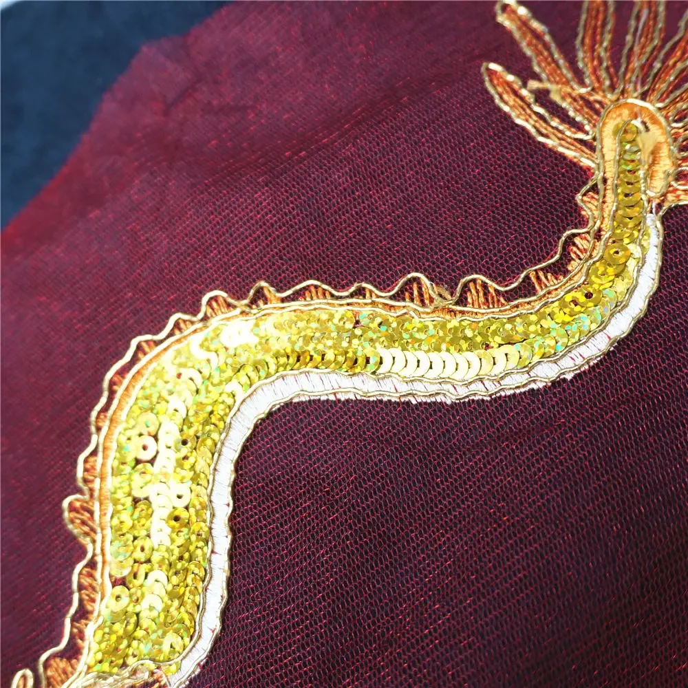 Gold Chinese Dragon Sequins Red Lace Trims Mesh Rhinestone Sew On Patches Embroidery For Wedding Appliques Decoration