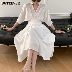 BGTEEVER Stylish V-neck Female White Shirt Dress Elegant Batwing Sleeve Slim Waist Women A-line Dress Summer Ladies Vestidos