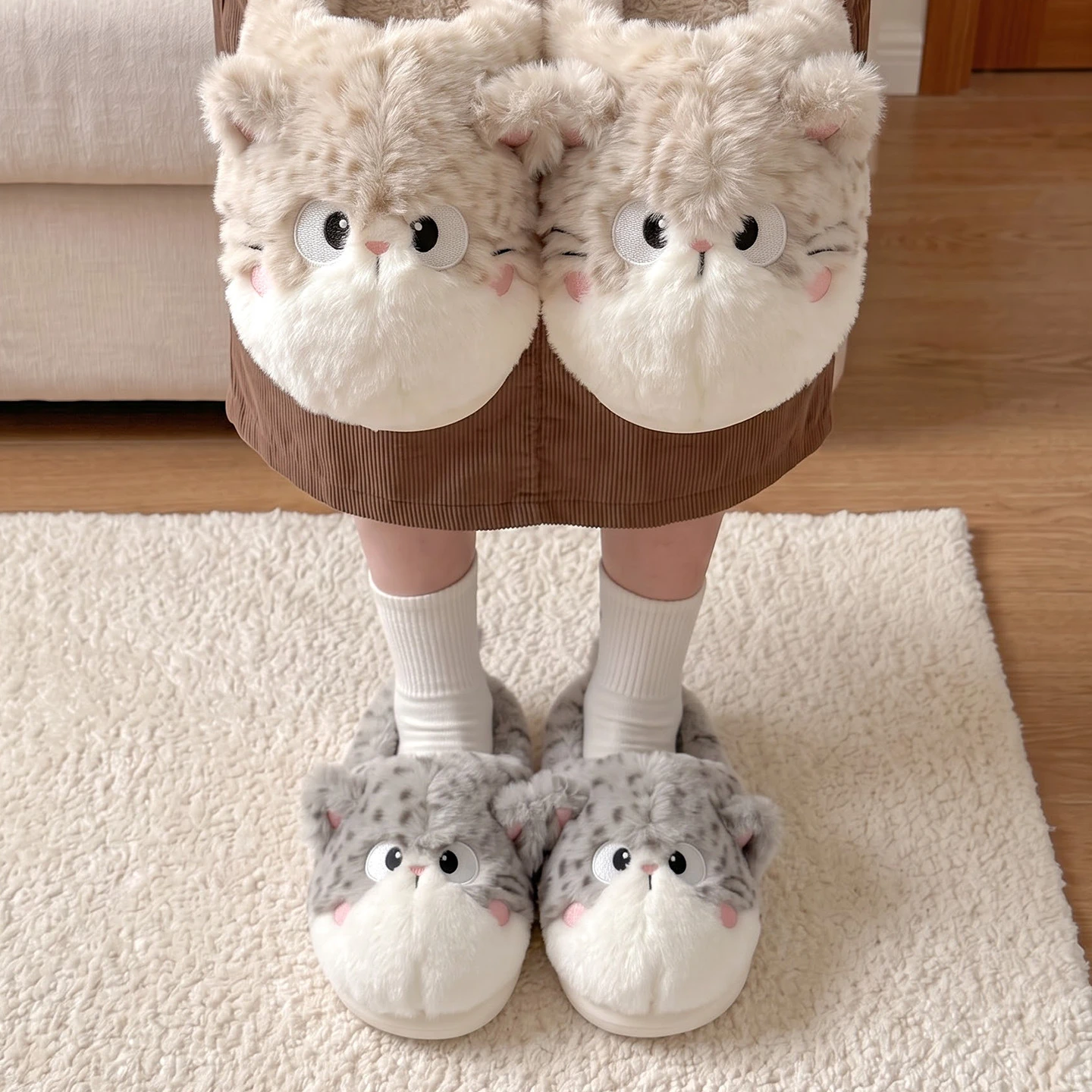 Cute Cartoon Cat Fluffy Slippers Women Indoor Shoes Ladies Winter Warm Kitty Fur Slides Designer Kitten Flat Mules Shoes