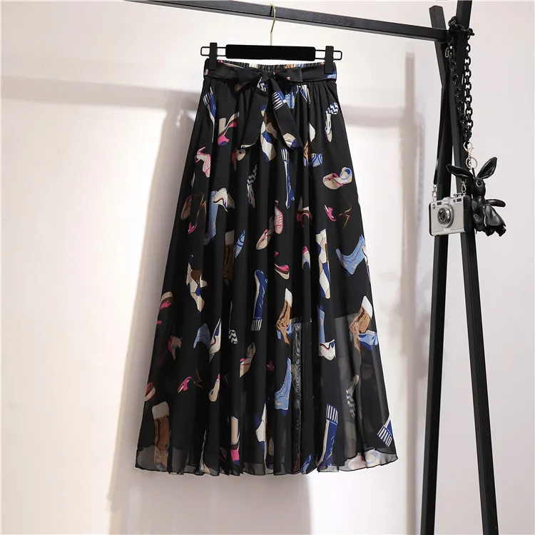 Summer Skirts Women Korean Fashion Office Ladies Commuter Chiffon High Waist A-line Floral Elastic Waist Skirts Pleated Skirt