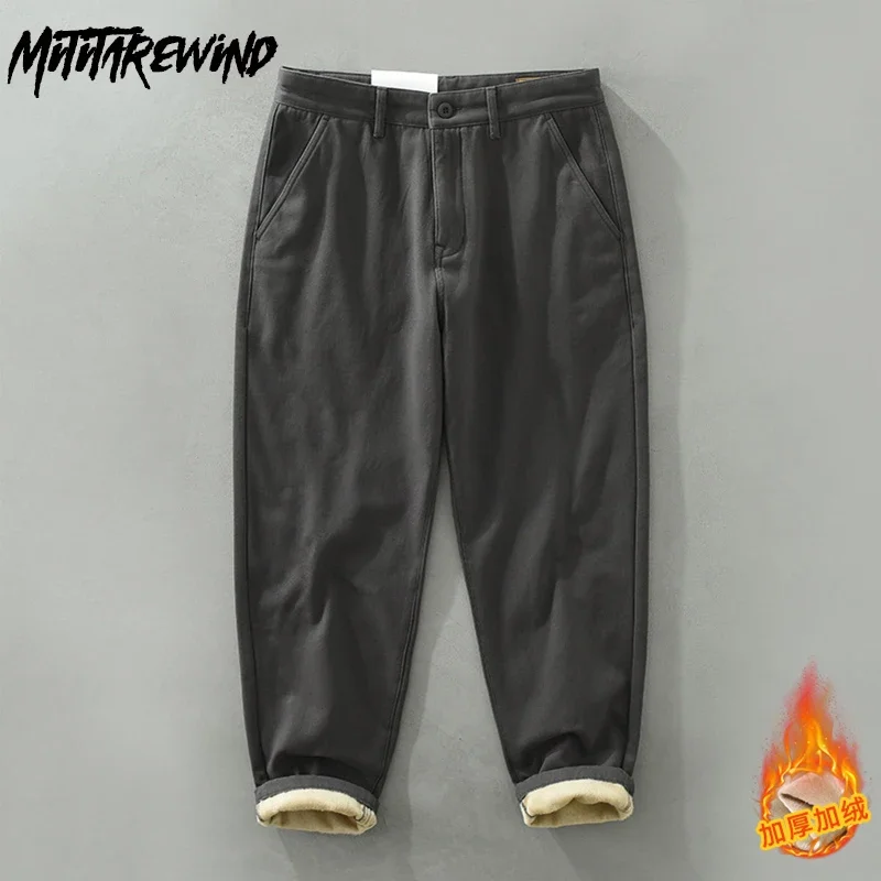

Keep Warm Mens Winter Pants Japan Daily Casual Thicken Trousers Work Pants Man Solid Straight Fleece-lined Pants Simple Clothing