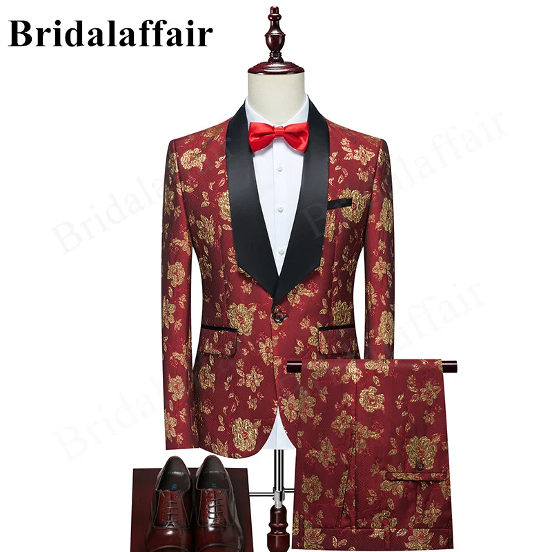 

Bridalaffair 2022 Latest Red Men's Suit With Golden Jacquard Designs Slim Fit Elegant Tuxedos Wedding Business Party Suits 2 Pcs