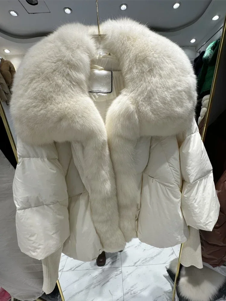 OFTBUY 2023 piumino d'anatra cappotto invernale da donna collo in vera pelliccia di volpe argento Super grande con capispalla di lusso alla moda con maniche in maglia