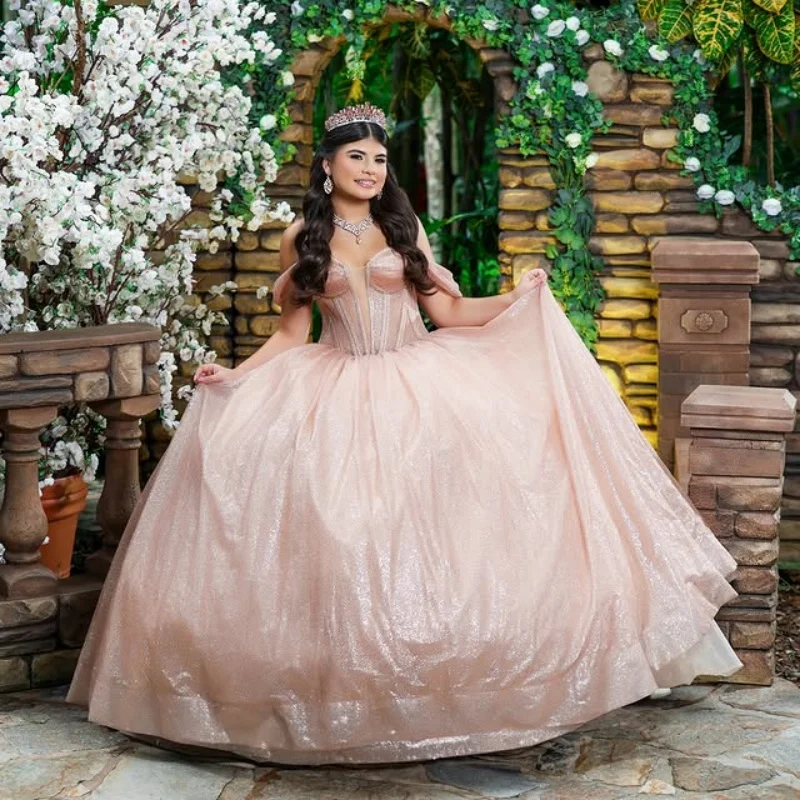 

Shiny Champagne Quinceanera Dresses off-shoulder Glitter Crystal Layering Decal Long tail Bow Vestido De 15 Quinceanera Customiz