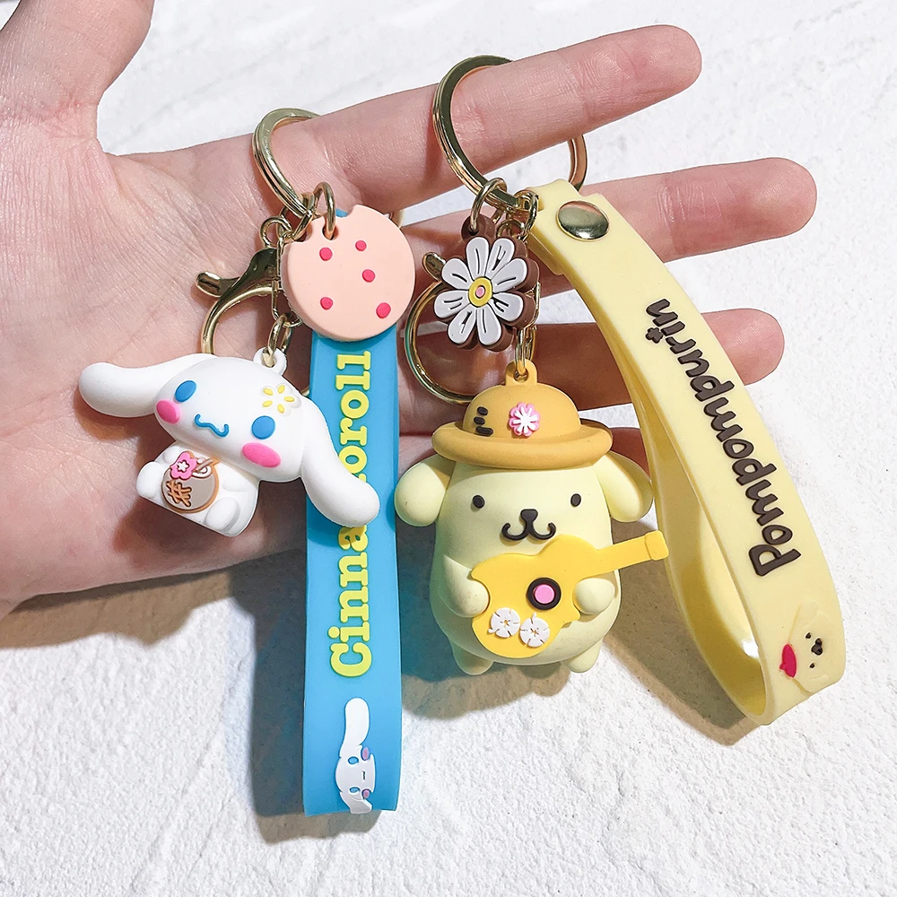 Kawaii Sanrio Keychain Kuromi Cinnamoroll Pom Pom Purin Pvc Doll Key Chain Melody Hello Kitty Car Keyring Bag Pendant Kids Gifts