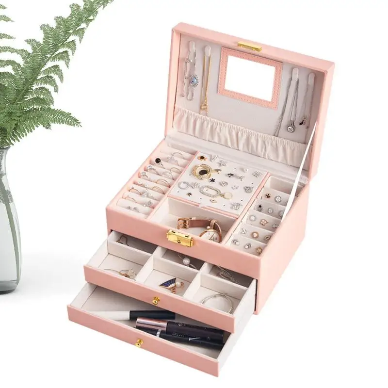 

Jewelry Storage Box Multi-Functional 3-Tier Portable Jewelry Box With Mirror Earrings Necklace Ring Storage Jewelry Case Boxes