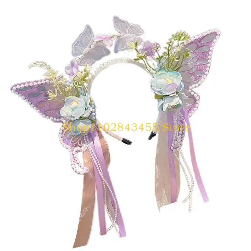 

49MC Glistening Pearls Hairband Princess Ribbon Hairband Gorgeous Pearls Floral Hairband Flower for School Play
