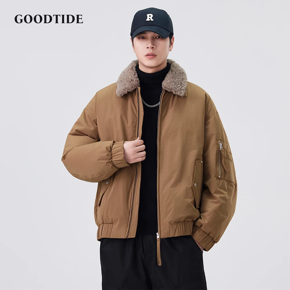 

Fashion Men's Casual Zip Up Bomber Jacket 2025 Winter New Sherpa Collar Ribbed Hem Loose Fit Design Men Warm Down Jacket Top
