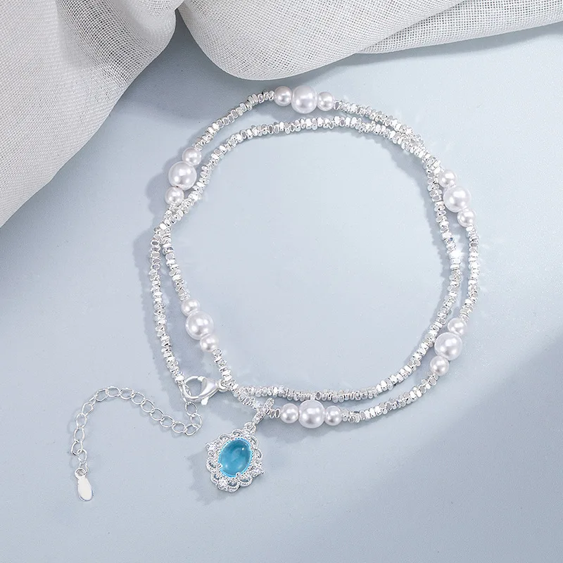 

2025 New Sapphire Broken Silver Pearl Necklace for Girls Women Party Wedding Clavicle Chain High Temperament Jewelry Gift