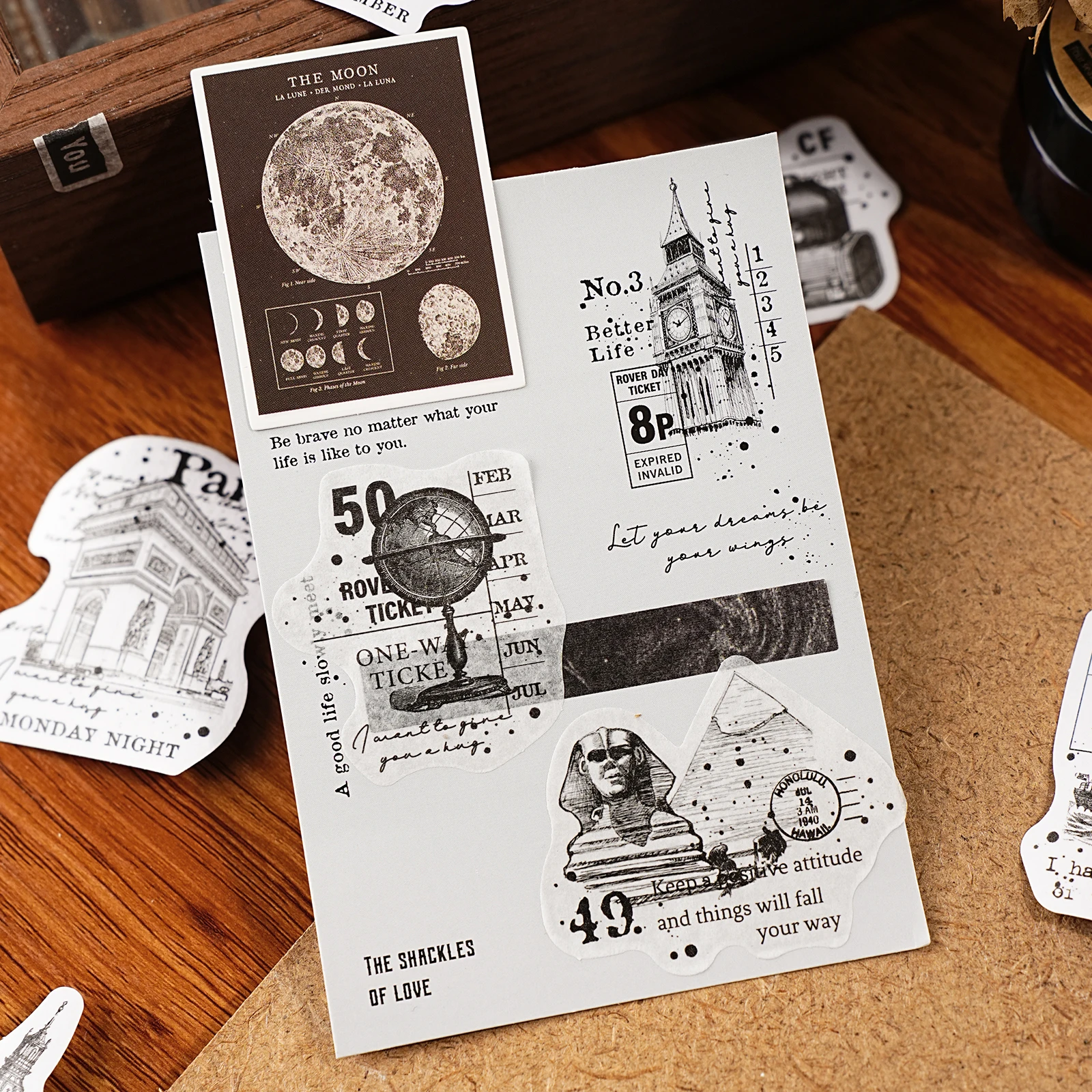 Etori Life Collage of the Past Series Black and White Vintage English Label Pattern Stickers for Decorating Albums, Handmade Scrapbooks, Vintage Parties, Home Decoration, Student Stationery, Gift Paper Bags, Baking Seals, Children's Stickers, DIY Stickers