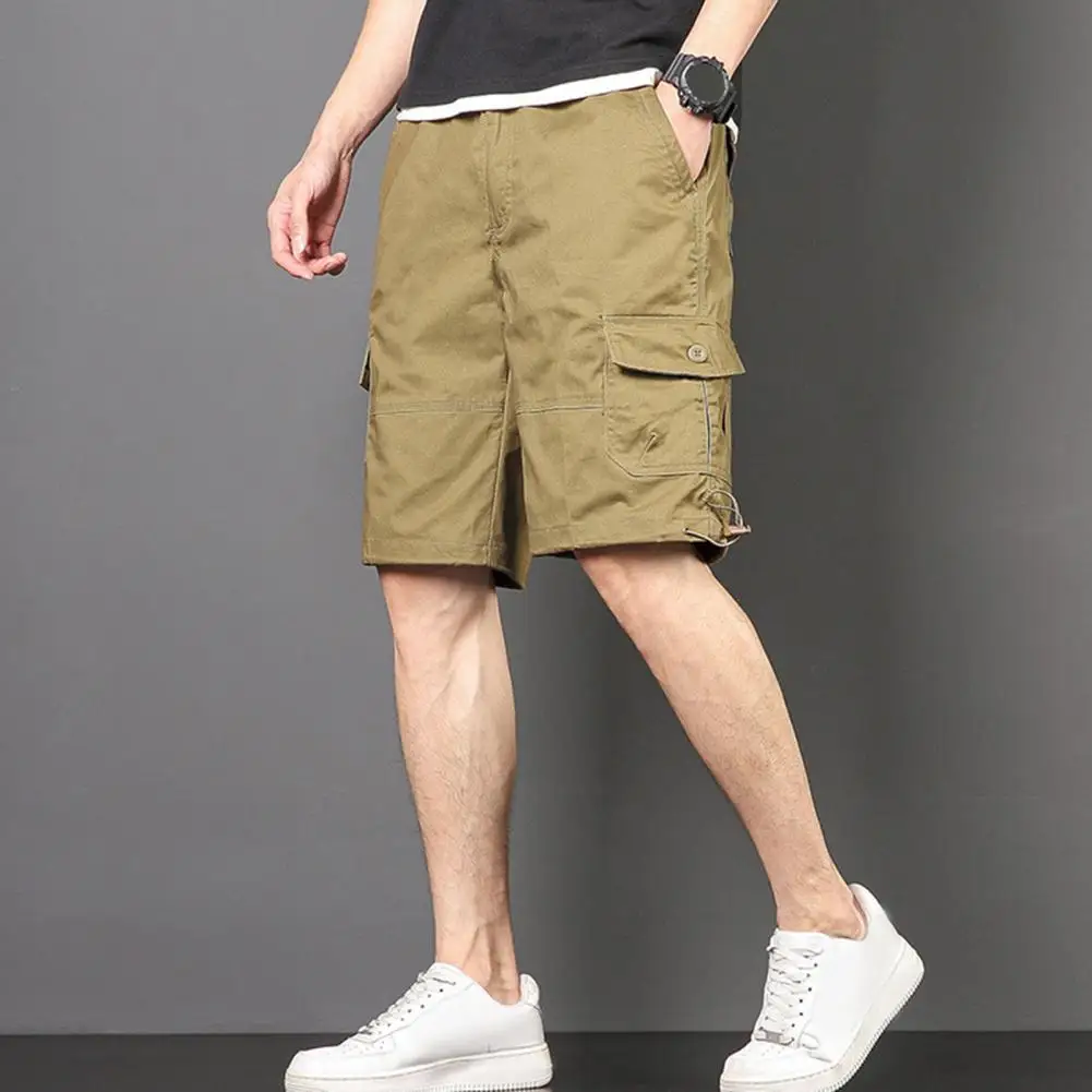 Men Casual Shorts Stylish Men's Cargo Shorts with Multiple Pockets Elastic Waistband Solid Color Design for Comfortable