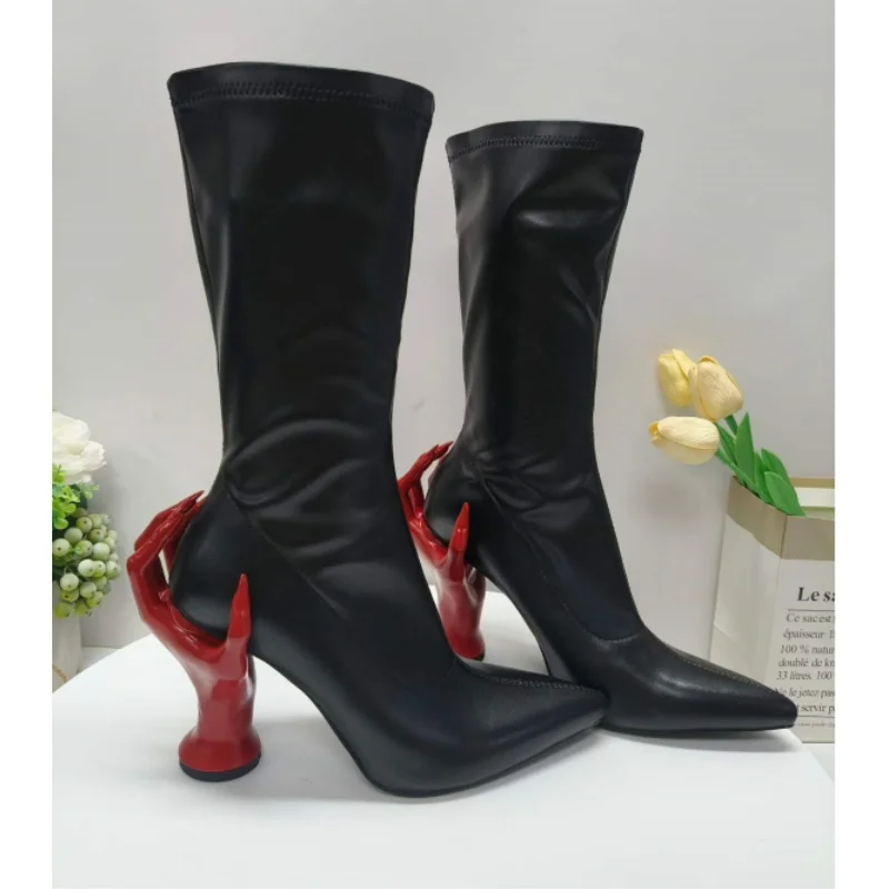 Red Hand Shaped Sculpture Heel Mid Calf Boots Women Strange Style Slip On Stretch Boots Fashion Novelty Autumn Shoes New Arrival