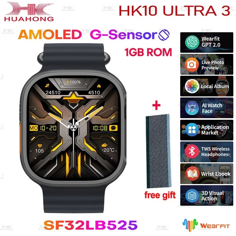 HK10 ULTRA3 AMOLED Smart Watch ChatGPT 1GB ROM AI Watch Face Series 10 BT Call Games Music Compass Sports Smartwatch Men Women