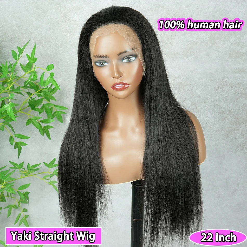 

Yaki Straight Human Hair 13x4 HD Lace Frontal Wigs 200% Density #1B Natural Black Color Bleached Knots Preplucked Lace Front Wig