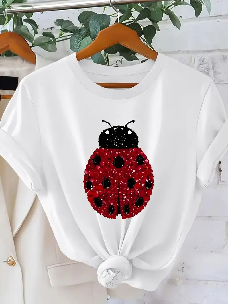 Men's & Women's Rhinestone Ladybug Print T-Shirt Sparkling Gemstone Insect Short Sleeve Round Neck Loose Fit Casual Shirt Gift