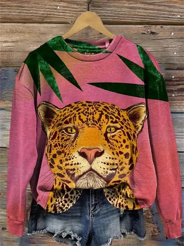 2024 New Women's Jungle Leopard Printed Pullover Round Neck Long Sleeve Casual Sweater Autumn And Winter Christmas Loose Sweater