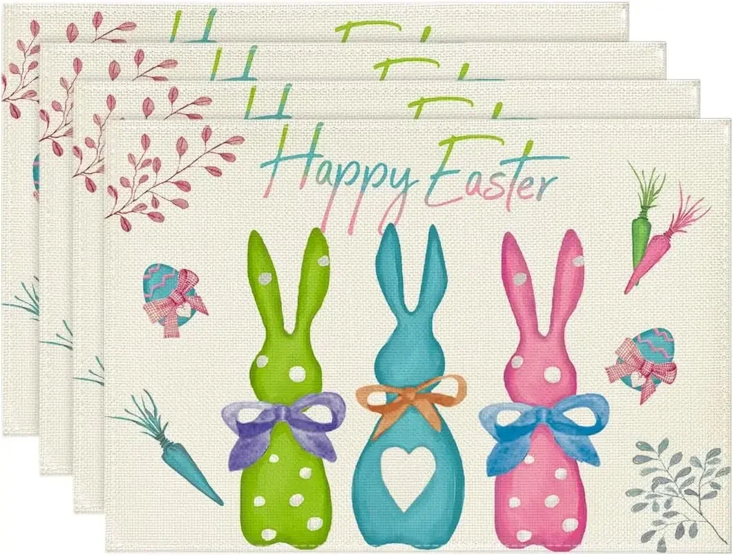 1PC Easter Table Decor Green Blue Pink Rabbit Bunny Linen Placemats Spring Farmhouse Kitchen Table Mats for Party Easter