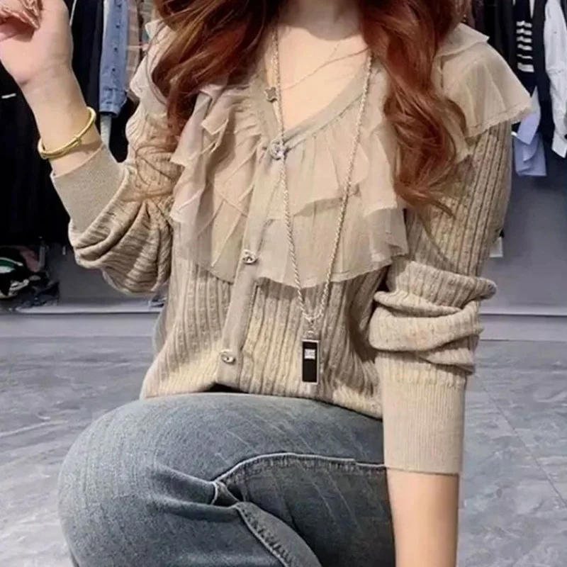 Women Beige Ruffled Layered Knit Cardigan Long Sleeve Loose Fit Casual Open Front Sweater Spring Autumn Fashion Outerwear