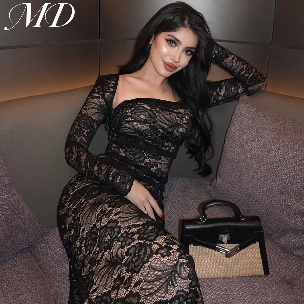 

MD 2025 Elegant Black Lace Prom Gown Strapless Sexy Mermaid Birthday Party Dress Pink Bow Ankle-Length Evening Gown Customsied