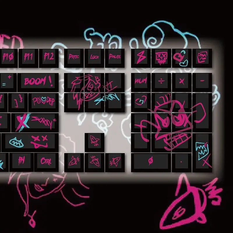123 Keys Game Character Jinx Cherry Keycap Graffiti Mechanical Keyboard PBT Five-Sided Thermal Sublimation DIY Anime Keycaps