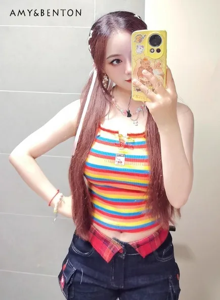 

2025 Summer New Colorful Beaded Pin Design Backless Cross Strap Slim Vest Top Red Strap Dress Blue Rolled Hem Shorts Set