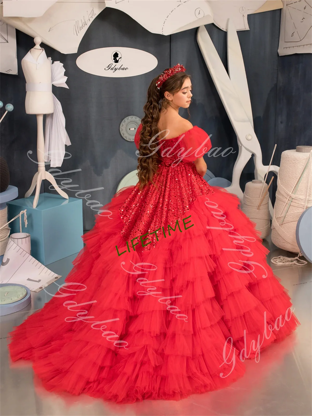 

CustomizedRed Sequin Princess Flower Girl Dresses for Wedding Off Shoulder First Communion Dress Long Kids Tiered Tulle Pageant