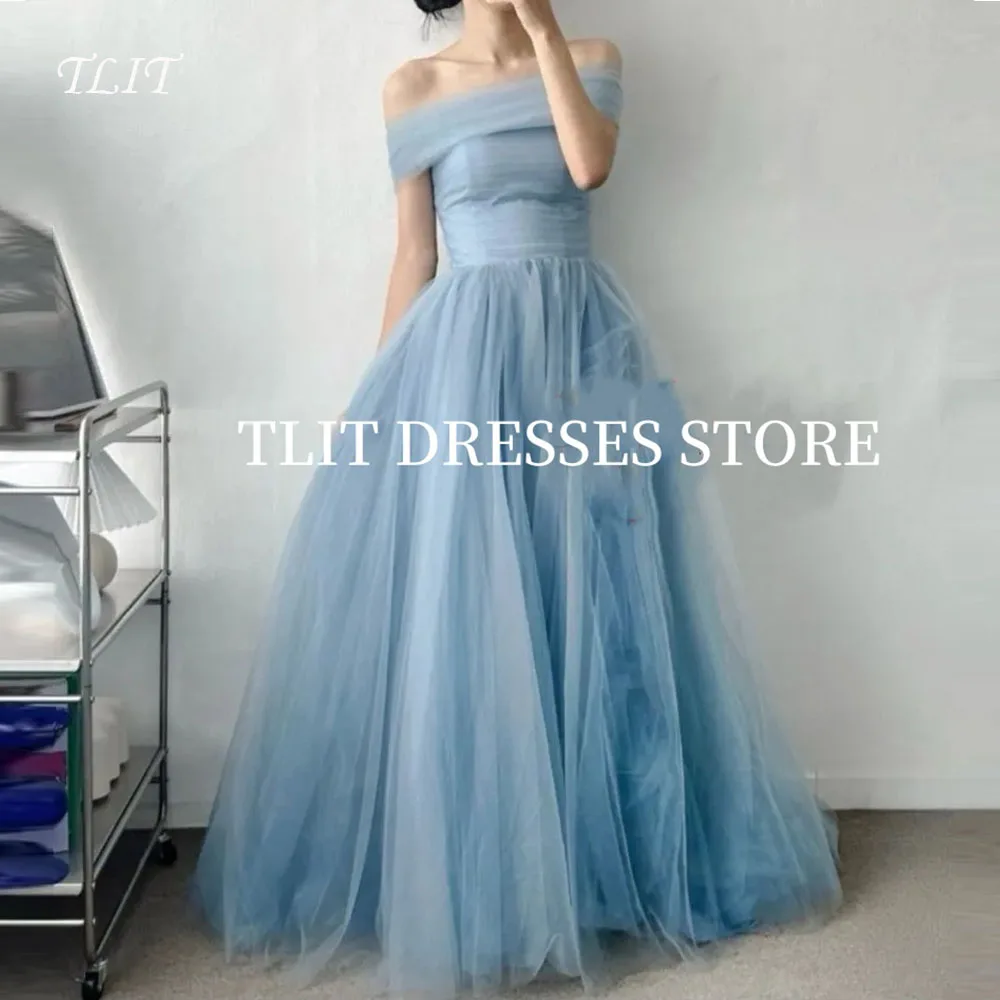 

TLIT Elegant Dusty Blue Tulle Evening Dress Korea Wedding Dress Photo Shoot Off the Shoulder Prom Gowns Customized Floor-Length