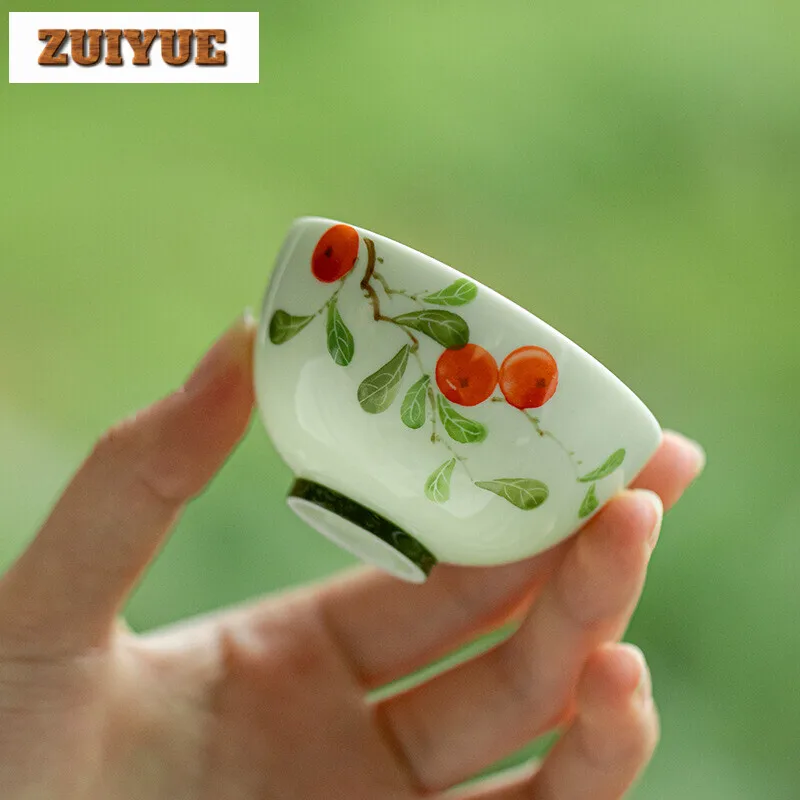 2pc/set Hand Drawn Persimmon Ceramic Teacup Ruyi Tea Cup Single Master Cup Household Tea Bowl Tasting Mug Kungfu Teaset Drinking