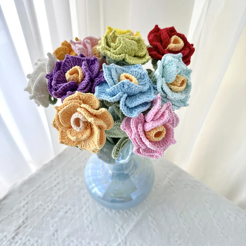 1Pc Crochet Flower Hand-knitted Rose Flower Artificial Flower for Wedding Party Decorations Handcrafts Valentine's Day Gifts