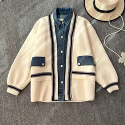 Autumn High-quality Pure Cotton Retro Style Patchwork Cardigan Sweater Denim Women's Woolen Coat Fashion Elegant Loose Top Coat