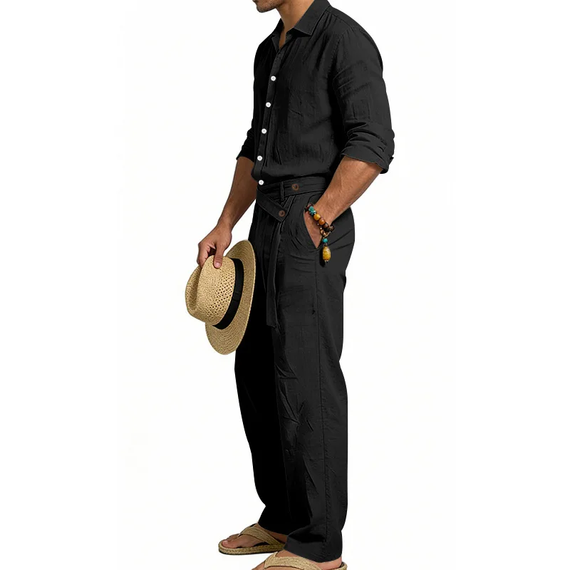 Europäisch-Amerikanisches Herren-Leinen-Freizeitset: Hemd mit Umlegekragen und Hose mit hohem Bund und Gürtel – Locker, atmungsaktiv, für Urlaub und Strand – Detail 22