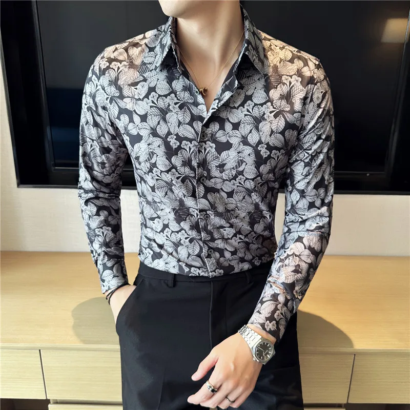 Mens Printed Shirt 2023 Autumn New Long Sleeved Elastic Slim Fit Camisas Club/Prom Tuxedo Dress Shirt Tops Casual Men Clothing