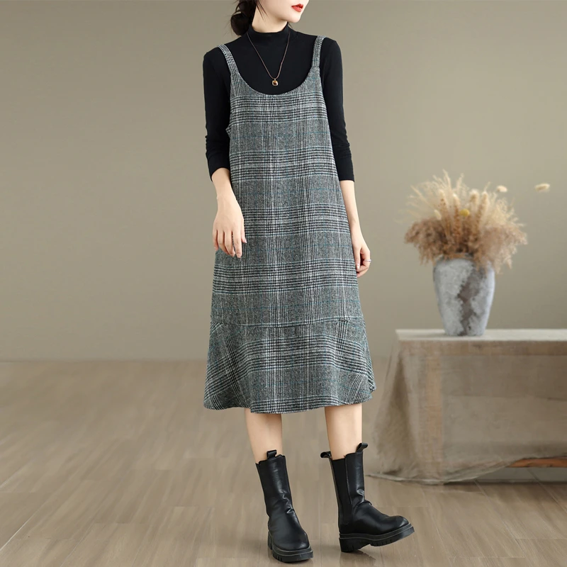 Autumn Winter New Plaid Wool Skirt Vest Dress Slimming plus Size Mid-Length Thin Casual round Neck A-Line Dress for Ladies