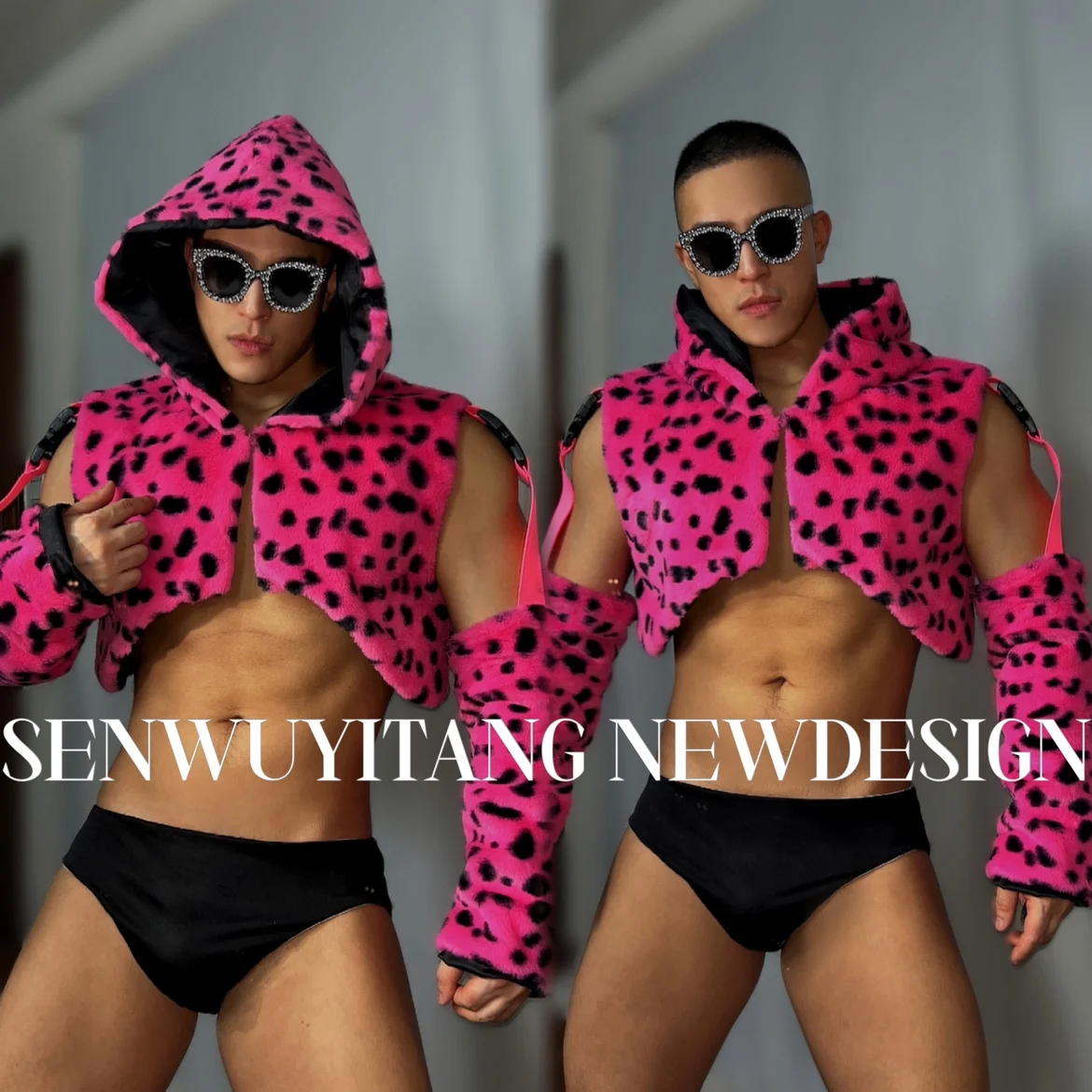 

New DS Performance Attire DJ Bar GoGo Clothing Men And Women Hip-Hop Jazz Dance Pink Leopard Imitation Fur Fur Vest Set